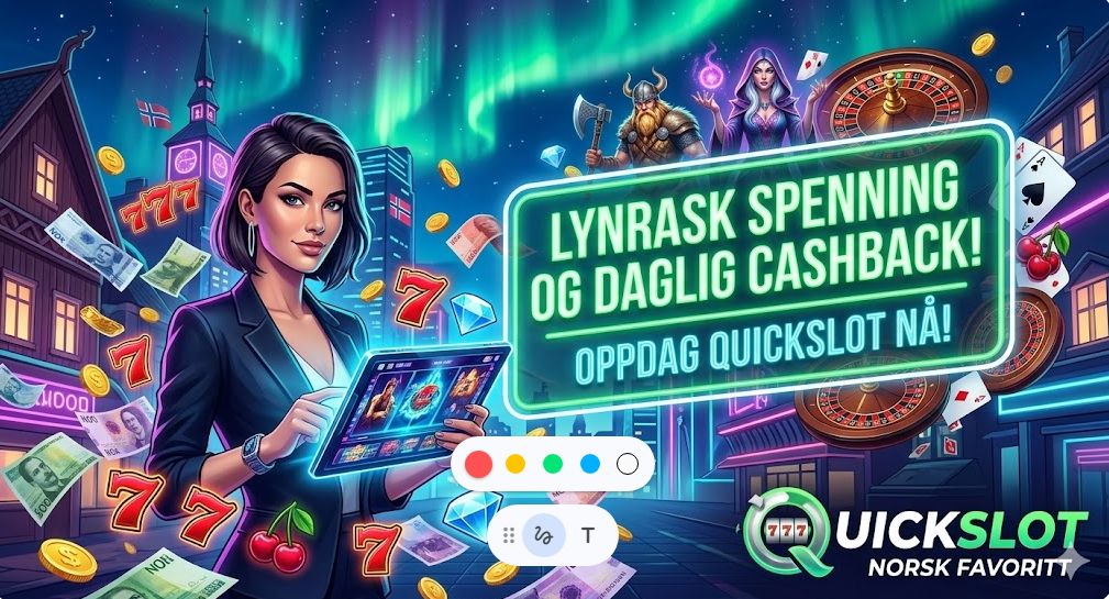 Et dynamisk banner for QuickSlot Casino som fanger lynrask spenning i en nordlysfylt norsk storby natt. Det viser en kvinne med et nettbrett omgitt av flyvende NOK-sedler, mynter og slots-symboler. Neontekst på norsk forkynner: 'LYNRASK SPENNING OG DAGLIG CASHBACK! OPPDAG QUICKSLOT NÅ!'. En viking, en heks og casino-elementer fullfører bildet. 'QUICKSLOT' logoen med teksten 'NORSK FAVORITT' er nede til høyre.