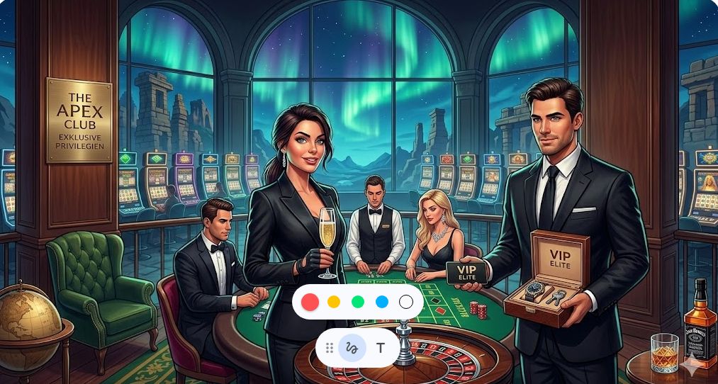 A luxurious, high-end casino VIP lounge titled 'The Apex Club,' featuring an elegant adventurer heroine and a professional VIP host. The scene showcases exclusive rewards, including a luxury watch and a 'VIP Elite' membership card, with high-stakes roulette and blackjack tables in the background. Large arched windows reveal a breathtaking view of a starry night sky and the northern lights over ancient ruins